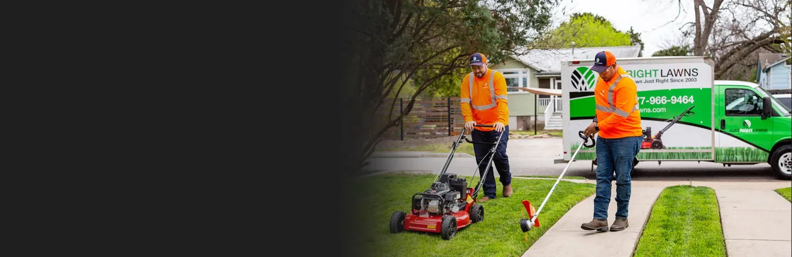 Lawn care service, lawn technicians mowing