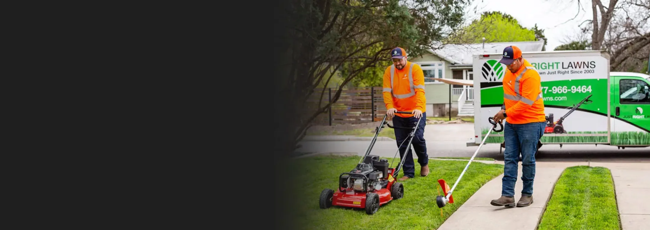 Lawn care service, lawn technicians mowing